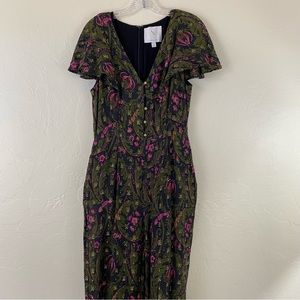 Anthropologie Ettiwa Size 14 Olive Green Floral Paisley Chiffon Button Jumpsuit